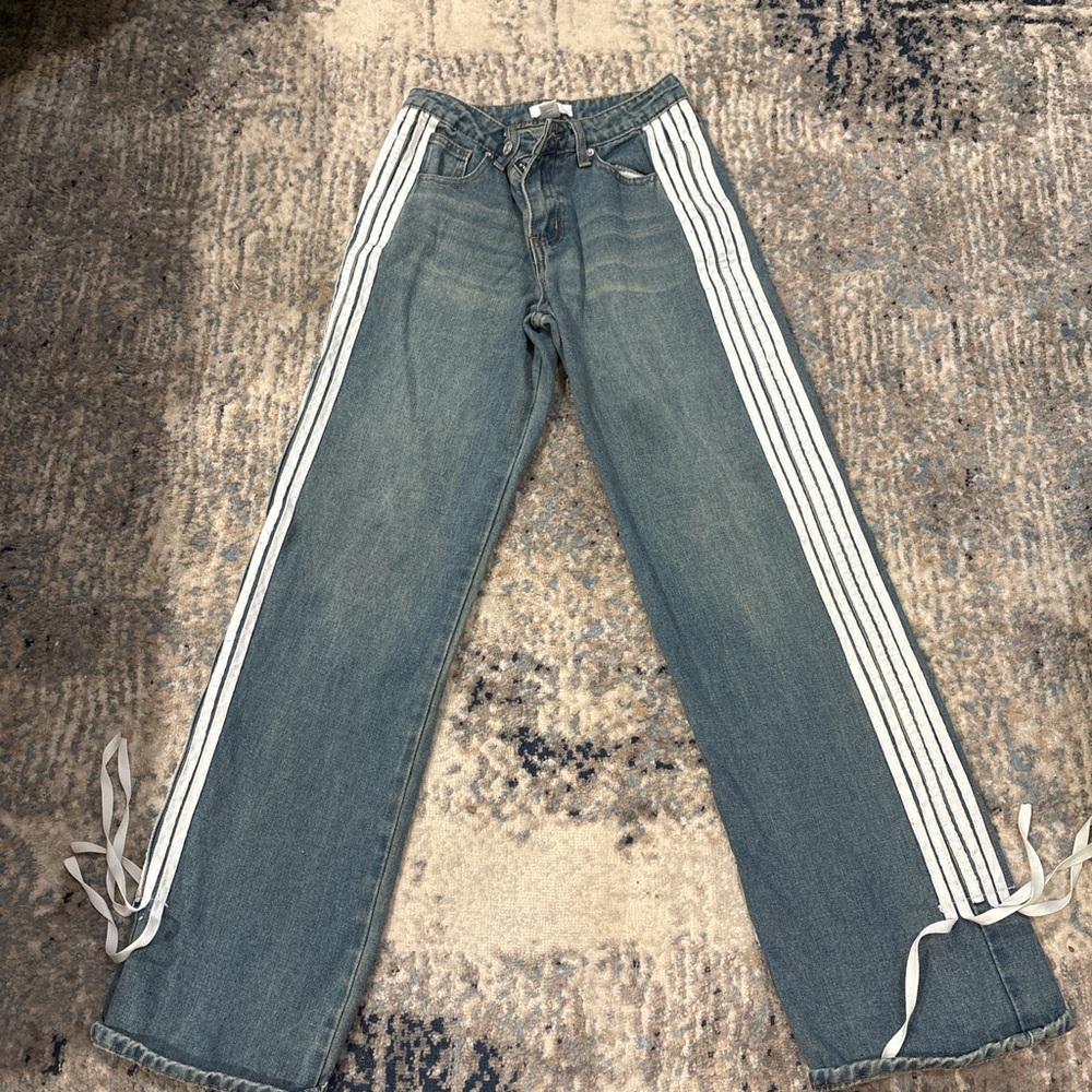 Adidas Blue Jeans with White Stripes